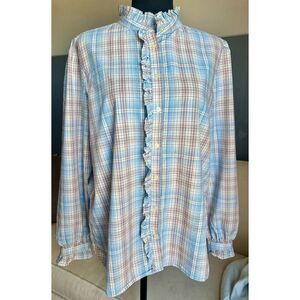 LOFT Women's Plaid Ruffle Long Sleeve Button Down Shirt - Blue - Size Large